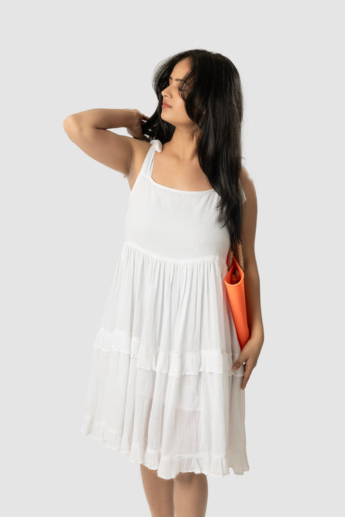 White Tie-Strap Tiered Dress