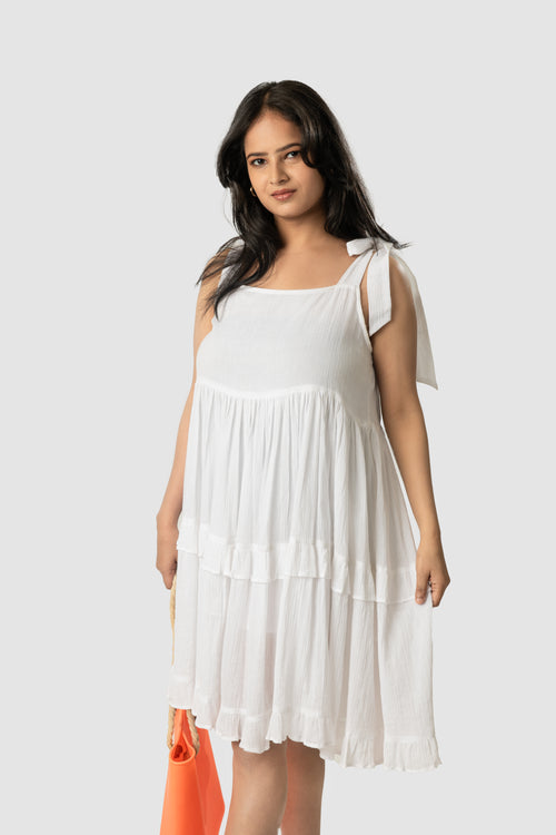 White Tie-Strap Tiered Dress