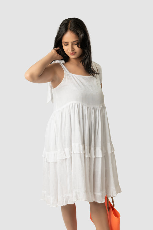 White Tie-Strap Tiered Dress