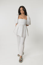 White Puff Sleeve Peplum Top with Pants