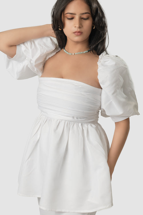 White Puff Sleeve Peplum Top with Pants