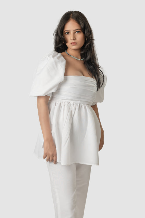 White Puff Sleeve Peplum Top with Pants