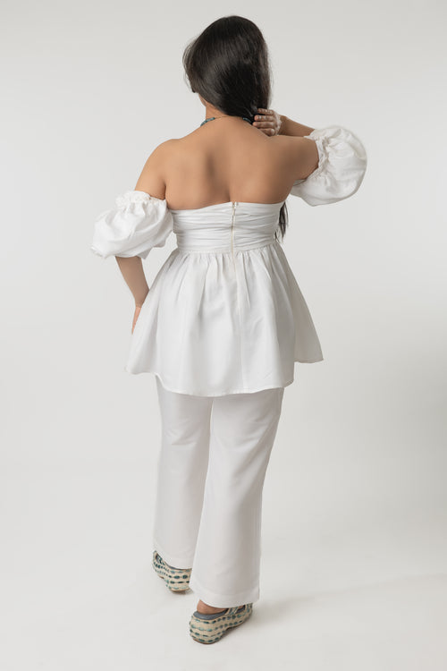 White Puff Sleeve Peplum Top with Pants