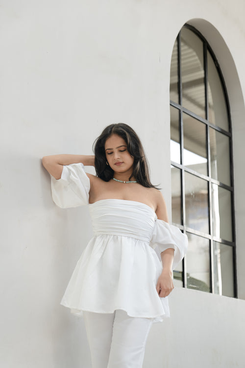 White Puff Sleeve Peplum Top with Pants